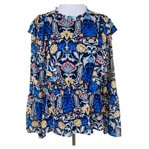 INC International Concepts Top Womens Large Fleur Nouveau Blue  Bell Sleeve New